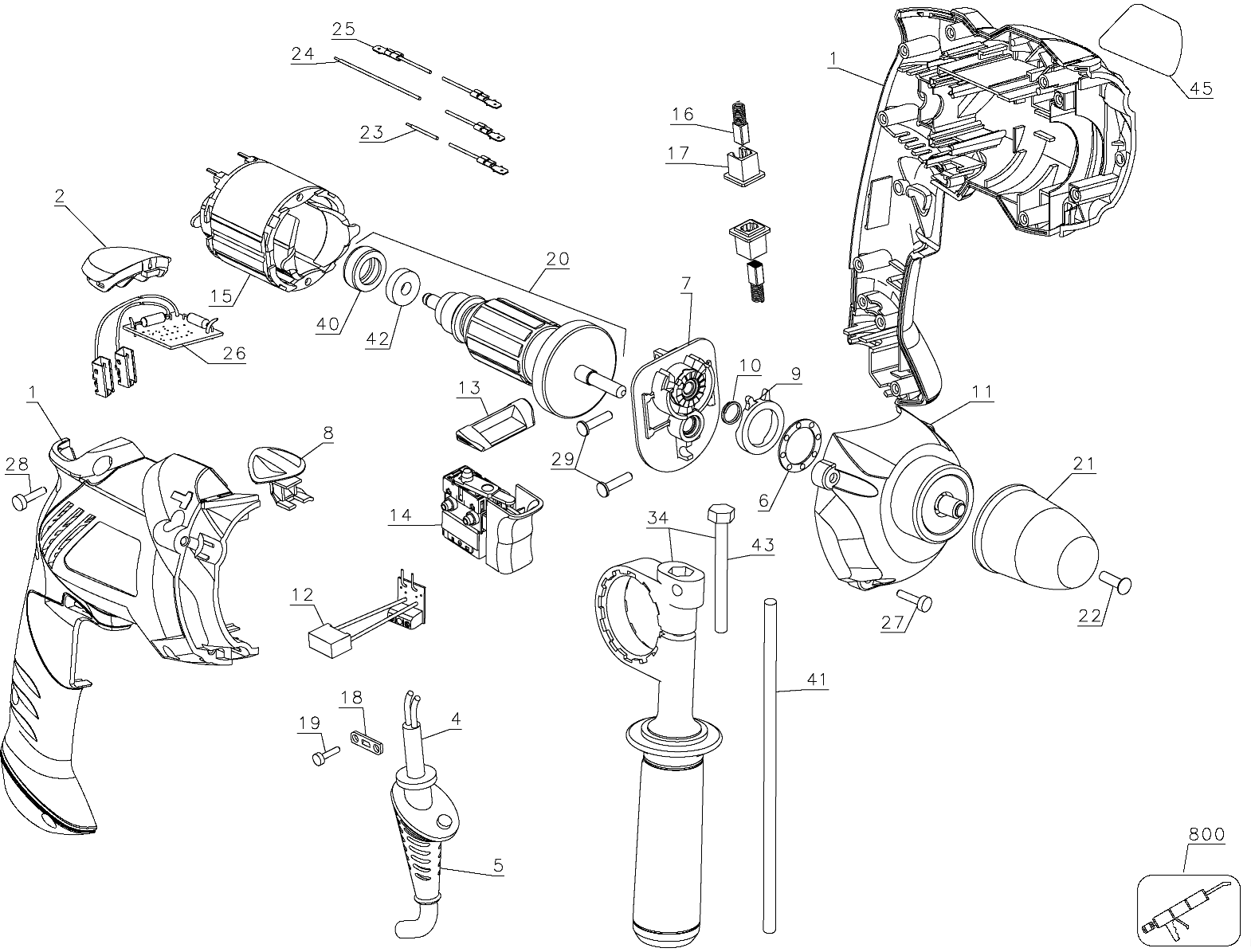 Default Diagram and Parts List for KR720-B2 Type 1 Black and Decker Hammer Drill